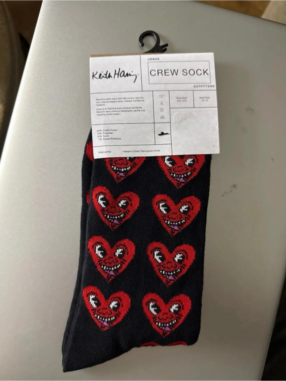 Urban Outfitters Black Crew Socks with Red Heart Faces Motif